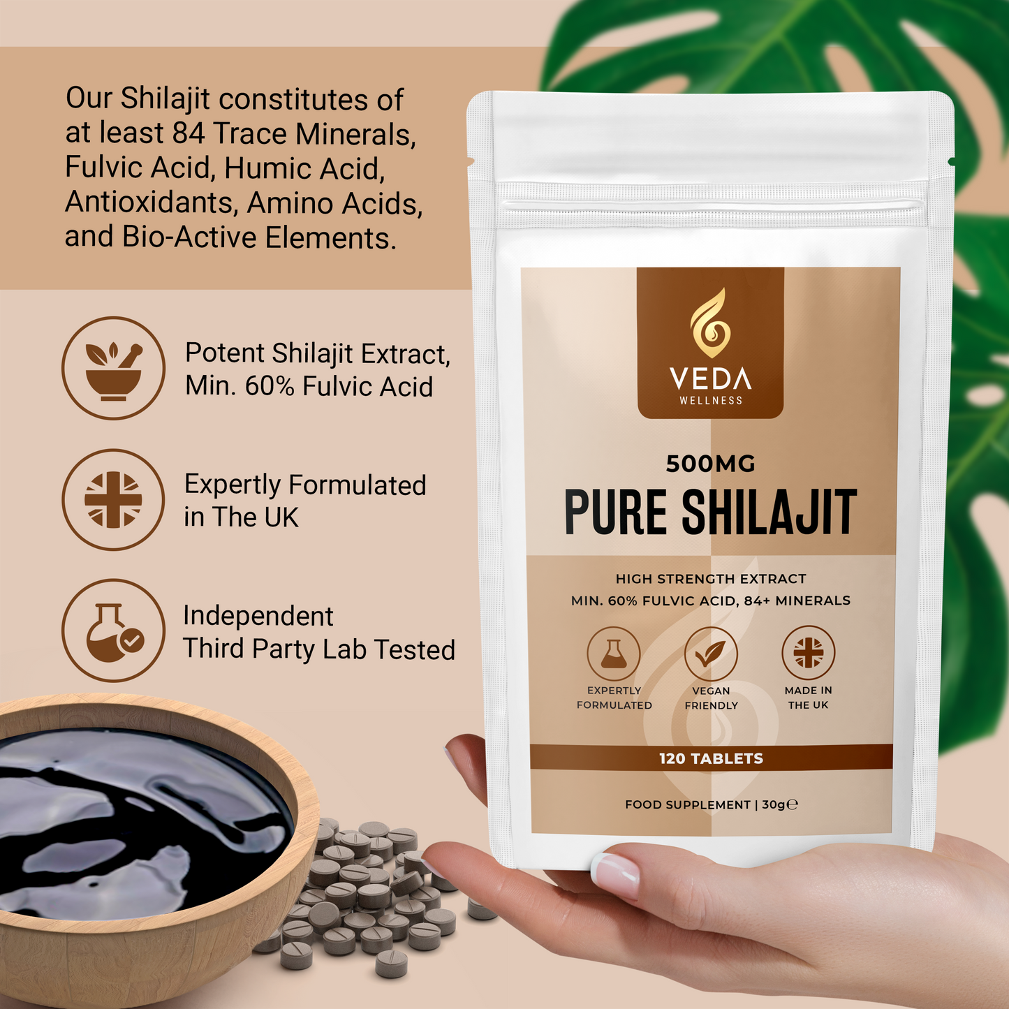 Pure Shilajit 120 Tablets - 60% Fulvic Acid, High Strength, Lab Tested, UK Made