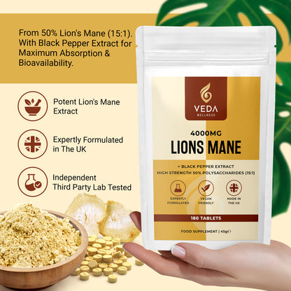 Pure Lions Mane Extract 4000mg - 180 Vegan Tablets + Black Pepper. Made in UK.