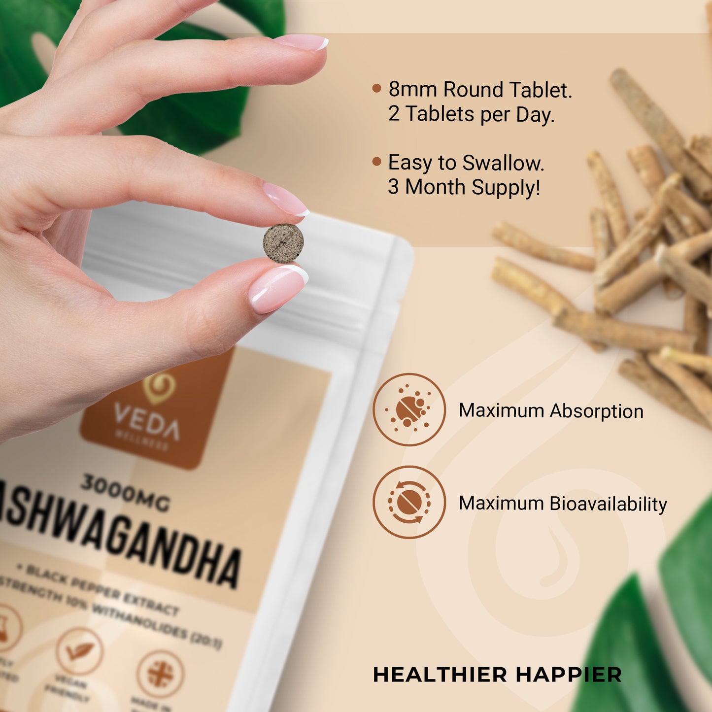 Pure Ashwagandha Extract 3000mg - 180 Vegan Tablets + Black Pepper. Made in UK.